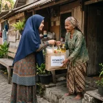 seorang wanita muslimah menyerahkan bantuan sembako untuk wanita tua