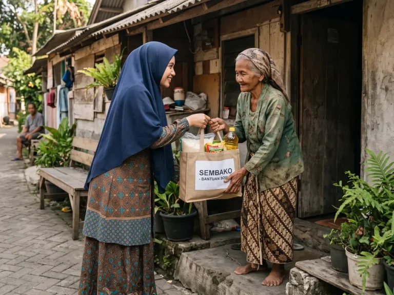 seorang wanita muslimah menyerahkan bantuan sembako untuk wanita tua